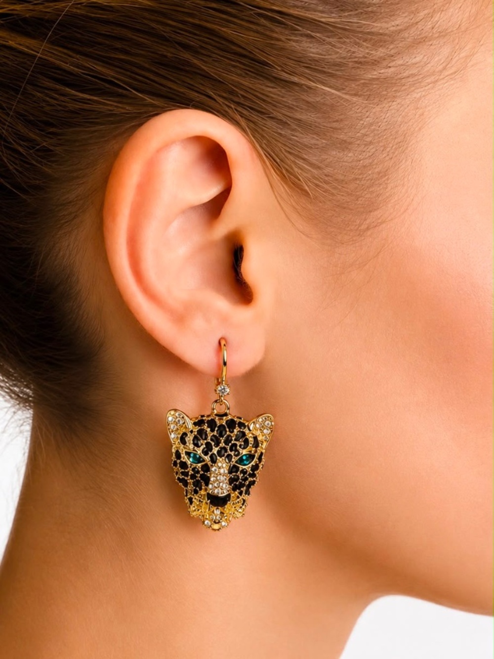 Leopard Earrings, Gold Rhinestone Dangle Earrings, Black Panther Statement Gifts